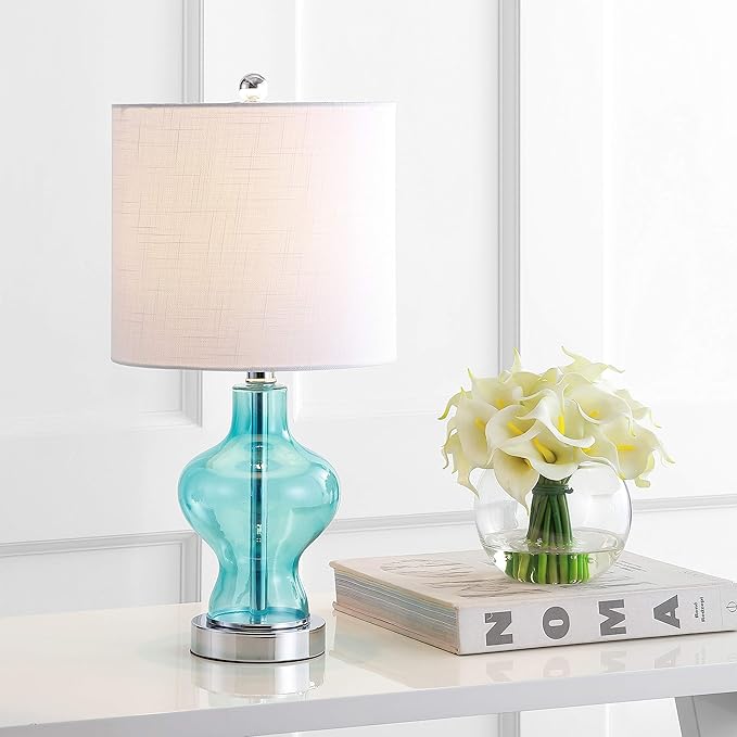 JONATHAN Y JYL4036A 20.5" Modern Glass Table Lamp, Aqua Blue Bedside Lamp for Living Room, Bedroom Nightstand, Coastal End Table Desk Lamp with White Linen Drum Shade, LED Bulb Included