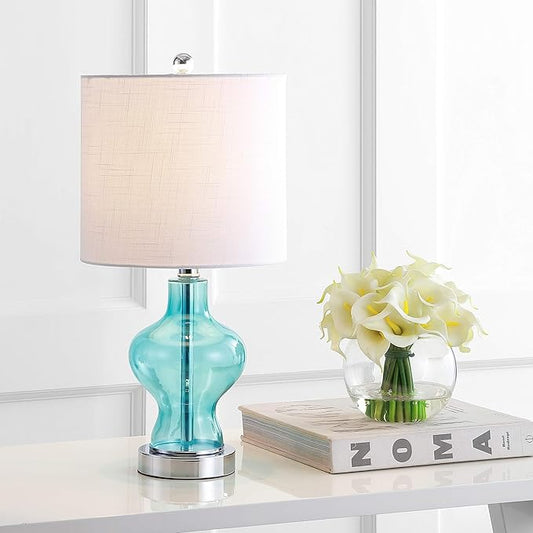 JONATHAN Y JYL4036A 20.5" Modern Glass Table Lamp, Aqua Blue Bedside Lamp for Living Room, Bedroom Nightstand, Coastal End Table Desk Lamp with White Linen Drum Shade, LED Bulb Included