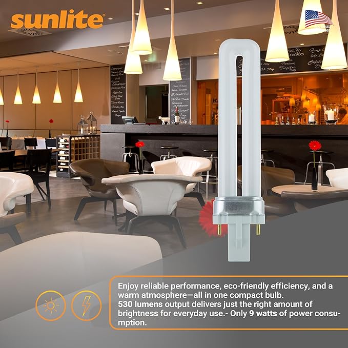 Sunlite PL9/SP30K Compact Fluorescent PL 2-Pin Single U-Shaped Twin Tube, 9 Watts, 120 Volts, 530 Lumens, 3000K Warm White, 2-Pin G23 Base, 10 Pack