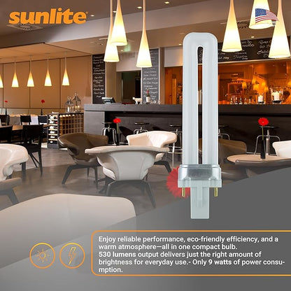 Sunlite Compact Fluorescent PL 2-Pin Single U-Shaped Twin Tube, 9 Watts, 120 Volts, 530 Lumens, 2700K Soft White, 2-Pin G23 Base, 10 Pack