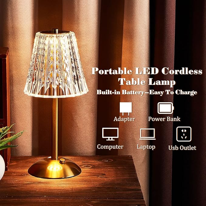 Liliful 2 Pcs Cordless Table Lamp Rechargeable Touch LED Small Gold Portable Battery Operated USB-c Desk Lamp 3 Color Dimmable for Bedroom Living Room Dining (Gold,Classic Style)