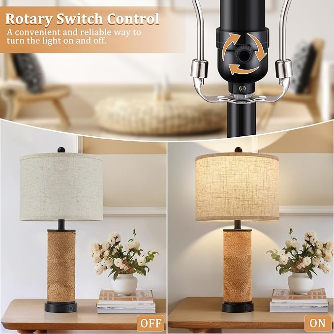 GyroVu Set of 2 Rattan Table Lamps for Living Room with USB C+A Ports, Multi Color Temperature Nightstand Bedside Lamp Rocker Switch Coastal Lamps for Bedroom, Wicker Lamps (2 Bulbs Included)