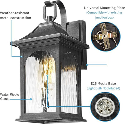Porch Lights Outdoor Light Fixtures Wall Mount, 13.78 Inch Black Exterior Light Fixtures with Water Ripple Glass, Modern Outdoor sconces Wall Lighting Fixture for Patio House Garage, 2 Pack