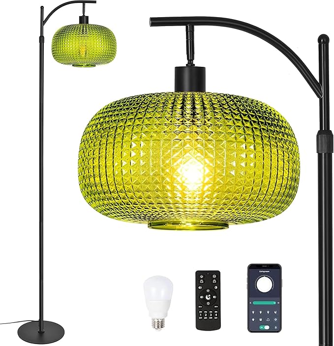 Floor Lamp for Living Room with Green Glass Shade, Modern Standing Lamp with Remote Control, Black Dimmable Tall Lamp for Bedroom Office with 12 LED Bulb