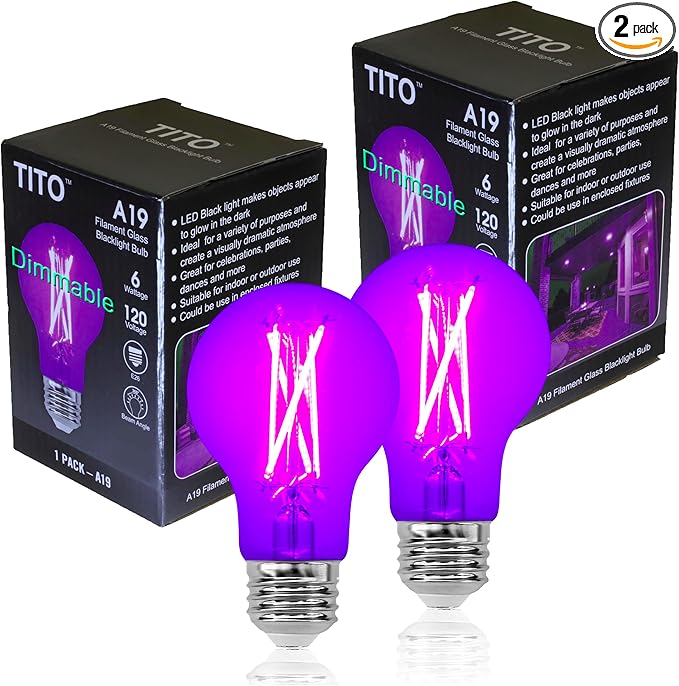 TITO 2 Pack E26 A19 Dimmable Filament LED Black Light Bulbs, UVA 395nm 6W Blacklight Bulb 100W Equivalent, Black Light Bulb Glow in Dark Halloween Christmas Party Fluorescent Posters Decor Display