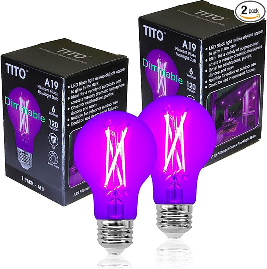 TITO 2 Pack E26 A19 Dimmable Filament LED Black Light Bulbs, UVA 395nm 6W Blacklight Bulb 100W Equivalent, Black Light Bulb Glow in Dark Halloween Christmas Party Fluorescent Posters Decor Display
