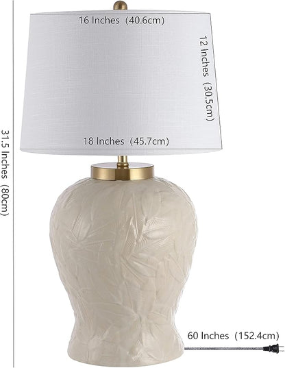 JONATHAN Y JYL6617A 31.5" Bohemian Palm Leaf Ceramic Table Lamp, Cream Cottage Bedside Lamp for Living Room, Bedroom Nightstand, Coastal End Table Lamp with White Linen Shade, LED Bulb Included