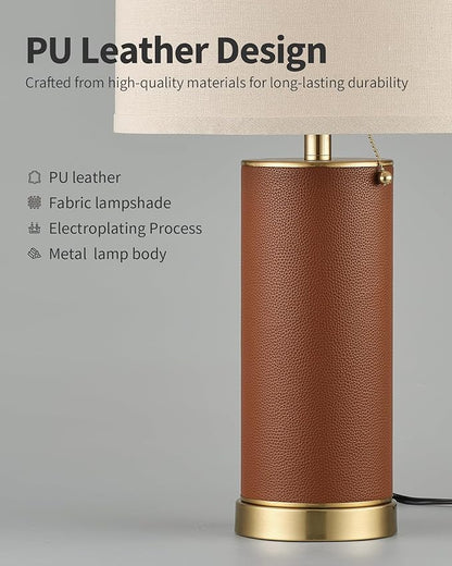 KDG 23.4" Brown PU Leather Table Lamps for Living Room Set of 2, 3 Level Brightness LED Modern Home Decor Fabric Lampshade Desk Lamp Lighitng for Bedroom, Bedside, Farmhouse, Nightstand, Night Light
