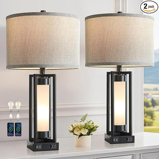 RORIANO Set of 2 Modern Table Lamps for Living Room with USB C+A Ports, Rustic Nightstand Lamp with White Night Light, Retro Desk Lamp for Bedroom End Table Entryway, 4 Bulb Included (Black)