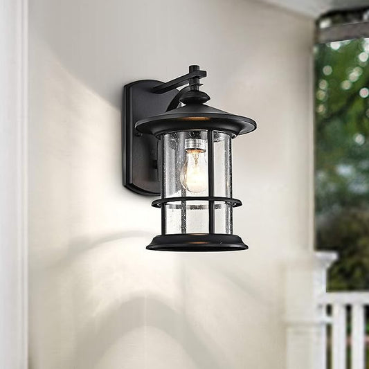 MICSIU Textured Black Outdoor Light Fixture, Clear Seedy Glass Large Outdoor Wall Sconce Lights, 12.5 Inch Exerior Wall Lights for House, Front Porch, Patio, Backyard.