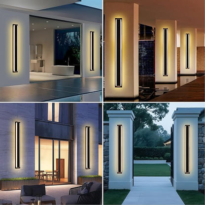 MELUCEE 2 Pack 48 Inch Outside Wall Lights for House 5 Color Dimmable Modern Long Strip LED Outdoor Wall Lights Fixture Black Linear Exterior Sconce Wall Mount Lighting for Balcony Porch Garage Stair