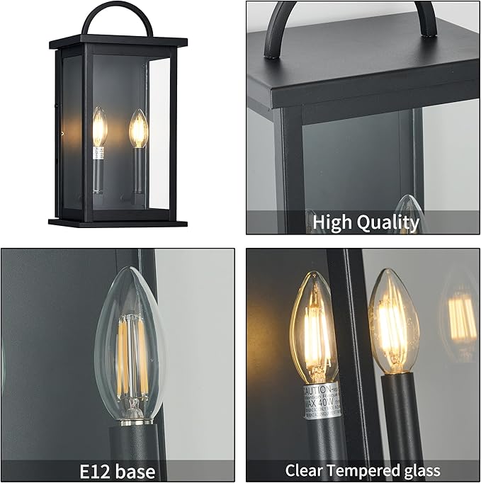 Outdoor Wall Sconce,2-Light in Black Rectangular Metal Frame and Clear Glass Shade Waterproof Porch Light Patio Light,Bulbs Not Included