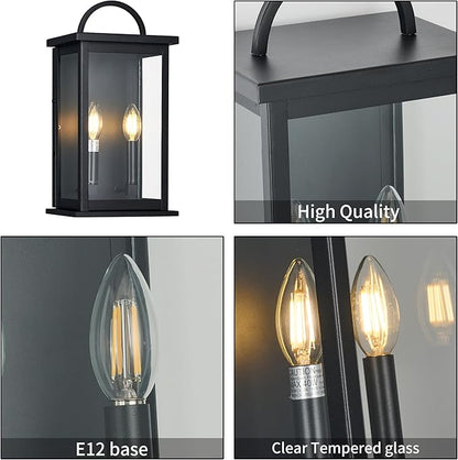Outdoor Wall Sconce,2-Light in Black Rectangular Metal Frame and Clear Glass Shade Waterproof Porch Light Patio Light,Bulbs Not Included
