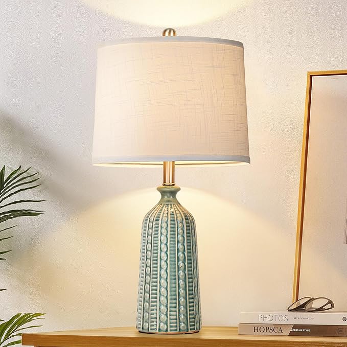 Green Ceramic Table Lamp 24.5": 3-Way Dimmable Nightstand Lamp with White Drum Lamp Shade | Modern Bedside Lamp for Bedrooms & Living Room (Bulb Included)