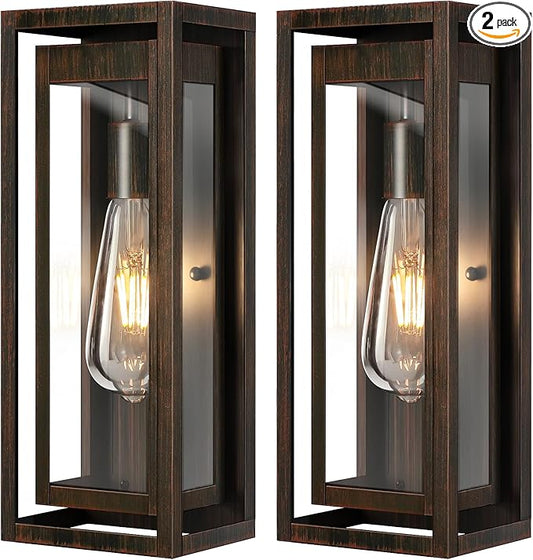 15" Large Outdoor Light Fixture Wall Mount, 2 Pack Distressed Brown Outdoor Sconce Lights, Modern Waterproof Exterior Porch Lights with Clear Glass Shade for Front Door, Garage