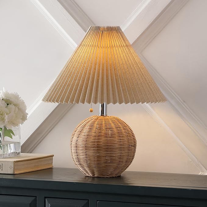 JONATHAN Y JYL1145C Aksel 17.25" Coastal Scandinavian Rattan/Iron Sphere LED Table Lamp with Pleated Shade and Pull Chain, Natural/Chrome/Dark Beige, for Bedroom, Living Room, Entry Console