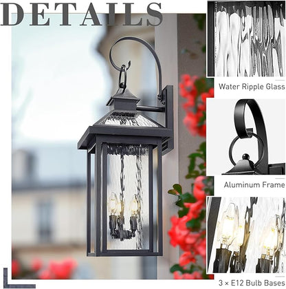 zeyu Extra Large Outdoor Wall Lighting, 31.3 Inch Exterior 3-Light Wall Lamp for Patio, Die-Cast Aluminum with Water Ripple Glass, Black Finish, ZW114BL BK-SW