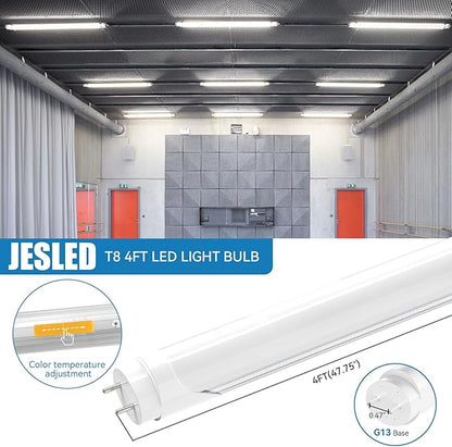 JESLED T8 LED 4FT Tube Lights, Type A+B, 24W, 3200LM, 6CCT 3000K | 3500K | 4000K | 5000K | 6000K | 6500K, Plug and Play or Ballast Bypass, LED Bulbs 4 Foot Replacement, Dual-Ended, Frosted, 12 Pack