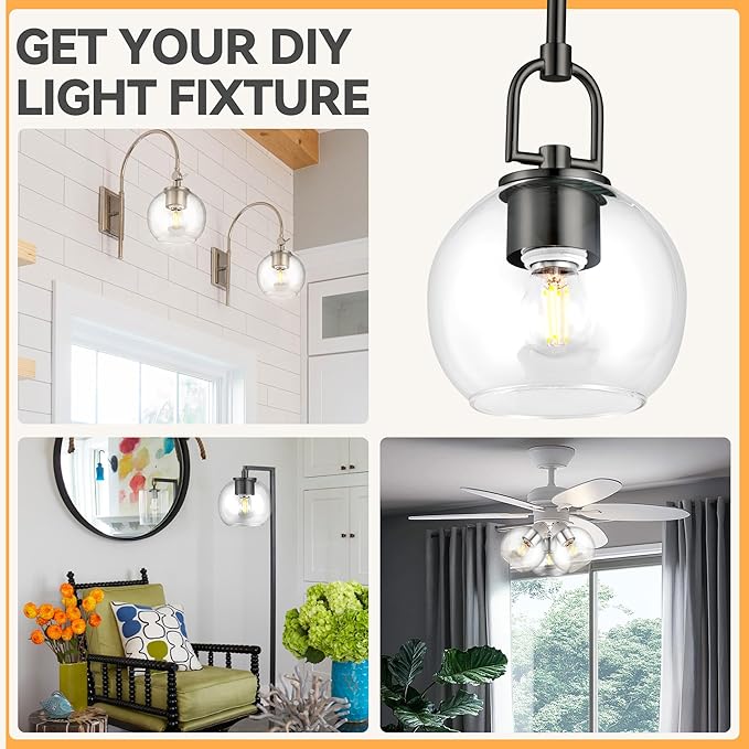 3 Pack Clear Glass Shade Replacements, Globe Glass Lamp Shade Covers for Light Fixtures, 1.65 Inch Fitter Globes Lampshades for Wall Sconces Chandelier Pendant Lights Bath Vanity Lights