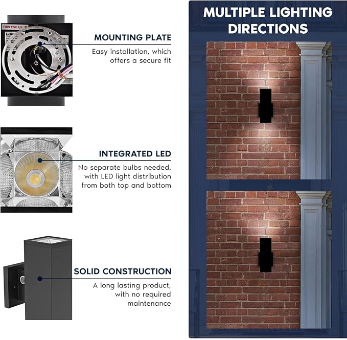 LUXRITE Dusk to Dawn LED Modern Outdoor Wall Light, 10", Up or Up and Down Light, 3CCT 3000K-5000K, Waterproof Square Wall Sconce, 15/20/24W, Dimmable, IP65, ETL, Black - Exterior Porch Patio Garage