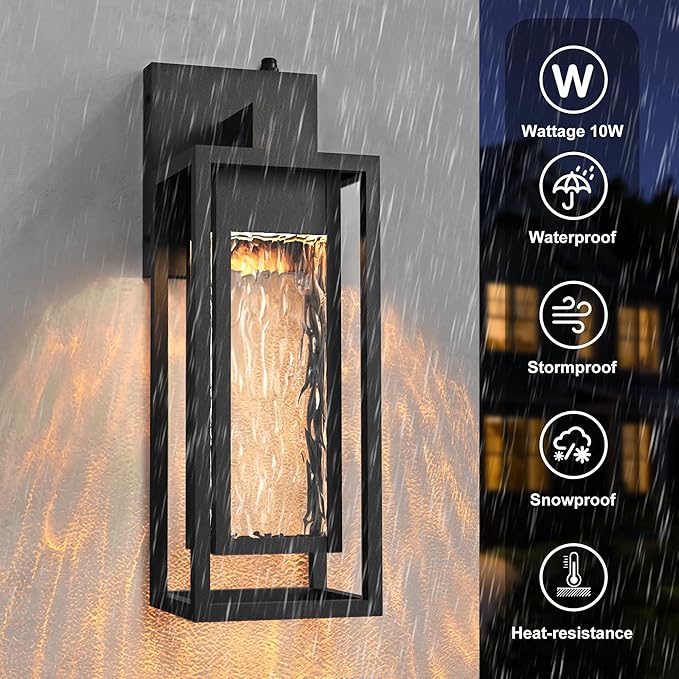 𝟏𝟓𝐈𝐍𝐂𝐇 LED Outdoor Light Fixture, Dusk to Dawn Outdoor Lighting with Rippled Glass, Outdoor Wall Lights Waterproof Porch Lights, Modern Outside Wall Lantern for Porch Patio Garage