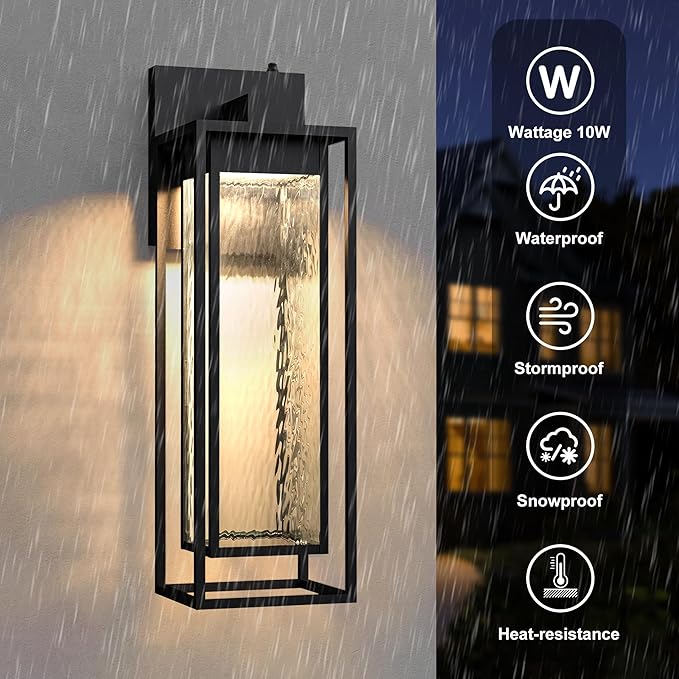 𝟐𝟑𝐈𝐍𝐂𝐇 Extra Large Dusk to Dawn LED Outdoor Light, Black Front Door Light, Rippled Glass Wall Sconce Waterproof Exterior Lighting Fixtures, Outdoor Lights for House Garage Patio