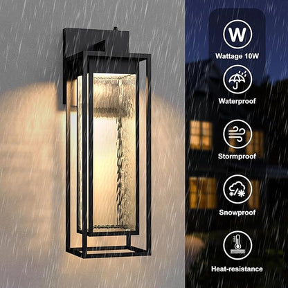 𝟐𝟑𝐈𝐍𝐂𝐇 Extra Large Dusk to Dawn LED Outdoor Light, Black Front Door Light, Rippled Glass Wall Sconce Waterproof Exterior Lighting Fixtures, Outdoor Lights for House Garage Patio