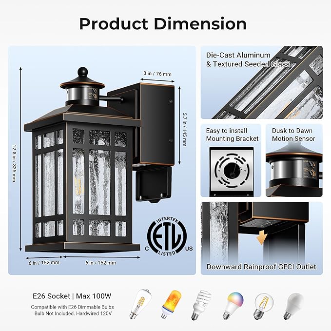 Motion Sensor Outdoor Lights Wall Mount with GFCI Outlet, Dusk to Dawn Exterior Light Fixture, 100% Anti-Rust Aluminum Waterproof Outside Wall Lighting for House, Black 2-Pack, Non-Solar