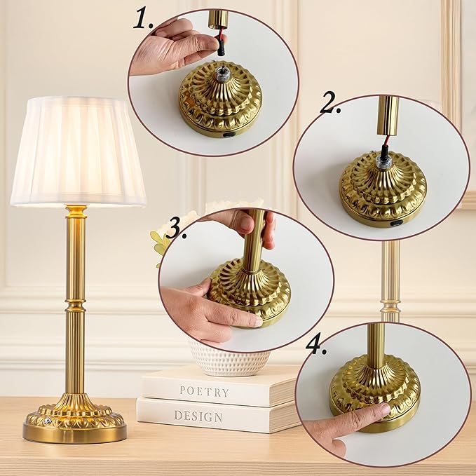 Cordless Table Lamp with Touch Control, Small LED Bedside Lamp with Pleated Shade, 3 Brightness Levels Nightstand Lamp for Bedroom, Living Room & Dorm Room