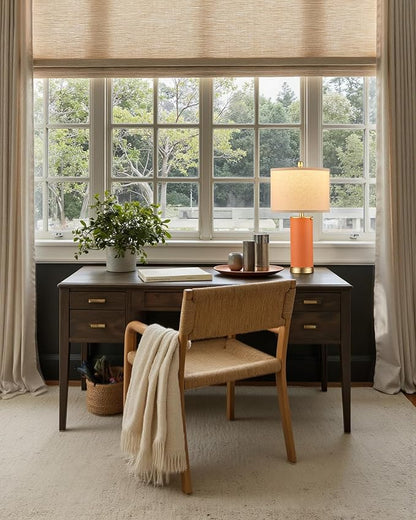 KDG 23.4" Orange PU Leather Table Lamps for Living Room Set of 2, 3 Level Brightness LED Modern Home Decor Fabric Lampshade Desk Lamp Lighitng for Bedroom, Bedside, Farmhouse, Nightstand, Night Light