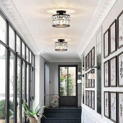 Crystal Ceiling Light Fixture, Modern Semi Flush Mount Ceiling Light,Crystal Chandelier for Kitchen Bedroom Bathroom Entryway, Black Finish