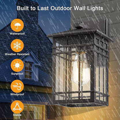 Outdoor Wall Lantern, Exterior Light Fixture Wall Mount, 1-Light Waterproof Outdoor Lighting Fixture with Seeded Glass for Porch, Garage, Patio, Hallway, Entryway, Black