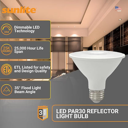 Sunlite Reflector PAR30 LED Bulb, Spotlight, 9W (75W=), 750 Lmns, Medium E26 Base, 90 CRI, Dimmable, Decorative Track Lighting Use, ETL, Title-20 Compliant, Bulk, 24 Pack, 27K-Soft White