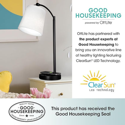 OttLite Good Housekeeping Shaded LED Desk Lamp with Wireless Charging Pad - Designed to Reduce Eyestrain - Adjustable Shade, Replaceable ClearSun LED Bulb, Crafting, Reading Light, Desk Lamp