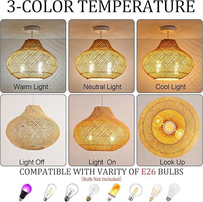 2-Light Rattan Pendant Light,14.96" Hanging Light,Round Wicker Pendant Light Hand-Woven Rattan Chandelier for Workplace Dining Living Bedroom Kitchen Farmhouse
