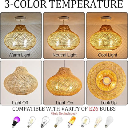 2-Light Rattan Pendant Light,14.96" Hanging Light,Round Wicker Pendant Light Hand-Woven Rattan Chandelier for Workplace Dining Living Bedroom Kitchen Farmhouse
