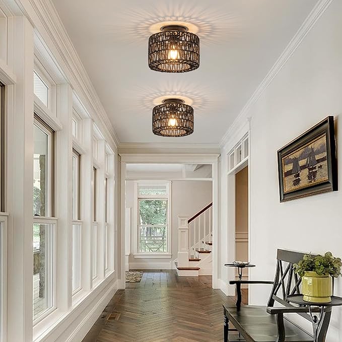 Rattan Ceiling Light, 1 Light Farmhouse Woven Flush Mount Ceiling Light, Boho Light Fixture for Bedroom Living Room Hallway Entryway, Black Finish