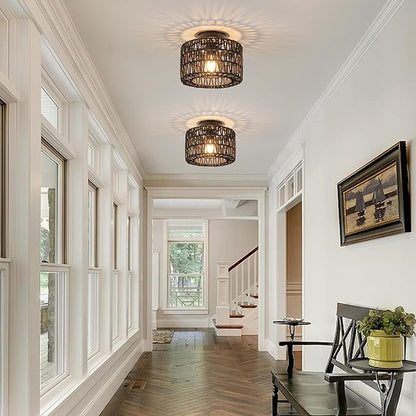 Rattan Ceiling Light, 1 Light Farmhouse Woven Flush Mount Ceiling Light, Boho Light Fixture for Bedroom Living Room Hallway Entryway, Black Finish