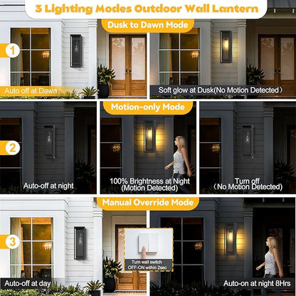 20in Outdoor Wall Light Motion Sensor-Black Modern Sconce Waterproof Exterior Lighting Fixture E26 Socket Porch Lights Extra Large Lantern for Entryway Patio House Garage 2Pack
