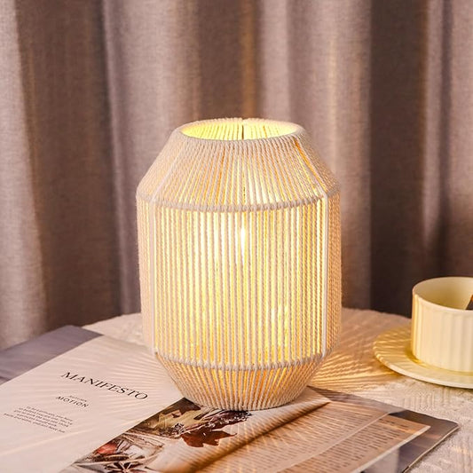 JHY DESIGN Woven Lampshade Table Lamp 8.5" H Cotton Rope Bedside Lamp Cordless Small Battery Operated Lamp Decorative Bedside Lamp with 6 Hours Timer for Bedroom Living Room Weddings Parties Patio