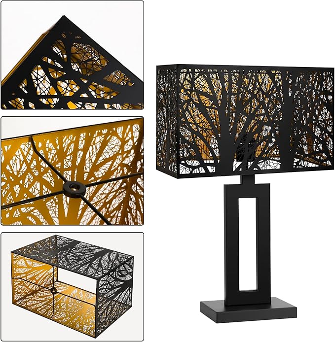 Metal Large Rectangular Lampshade For Table Lamp Floor Lamps,8"×14"×9" Black Outside Gold Inside Replacement Forest Rectangle Lamp Shade Spider Fitter