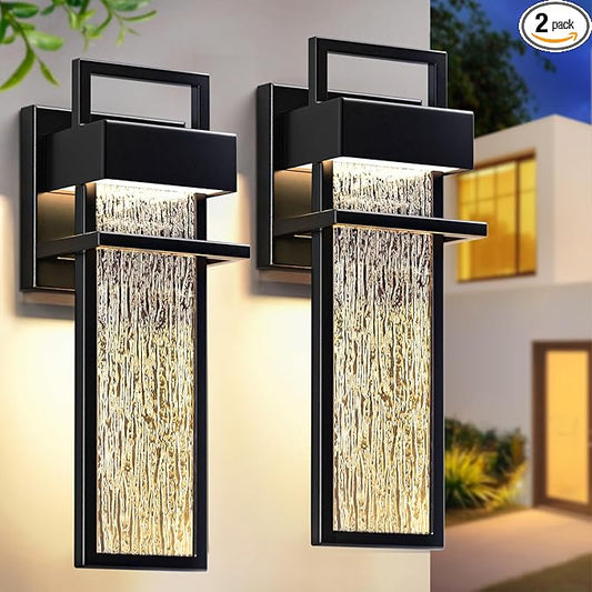 15'' Outdoor Wall Lights 2 Packs, 3000K Integrated LED Outdoor Sconce, Modern Exterior Lighting Fixtures with Rippled Glass, Waterproof Porch Light Outside Lights for House Garage Patio, Black