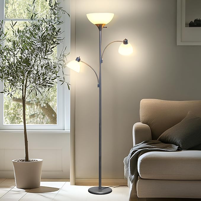 Brightech Sky Dome Double LED Floor lamp, Torchiere Super Bright Floor Lamp with 2 Reading Lamps for Living Rooms & Offices - Dimmable Tall Standing Lamp for Bedroom Reading - Tall Silver Pole