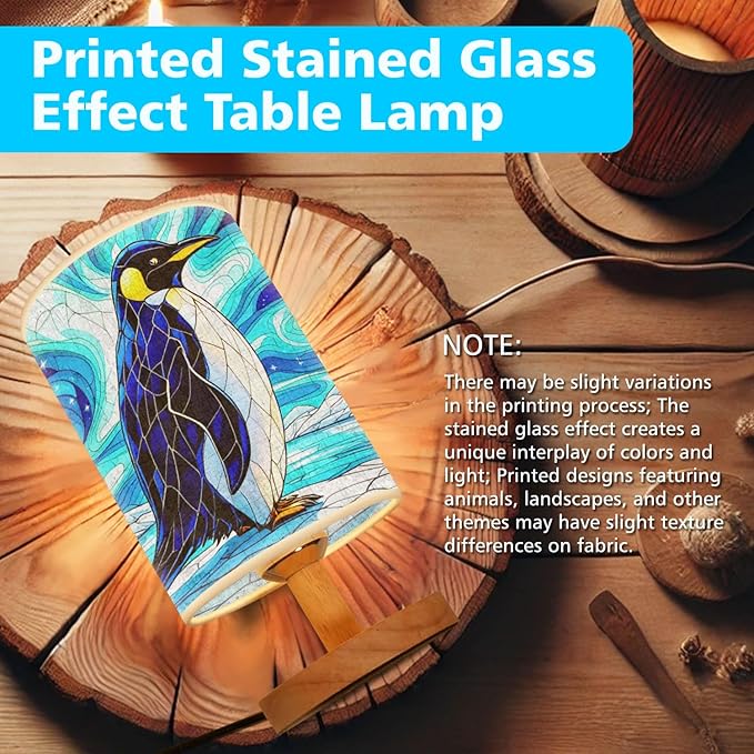 Penguin Table Lamp LED 3-Color Pressed Bedside, Penguin Shade Lamp with Wood Base for Bedroom Living Room Desk Office TL01