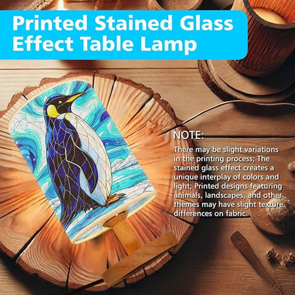 Penguin Table Lamp LED 3-Color Pressed Bedside, Penguin Shade Lamp with Wood Base for Bedroom Living Room Desk Office TL01