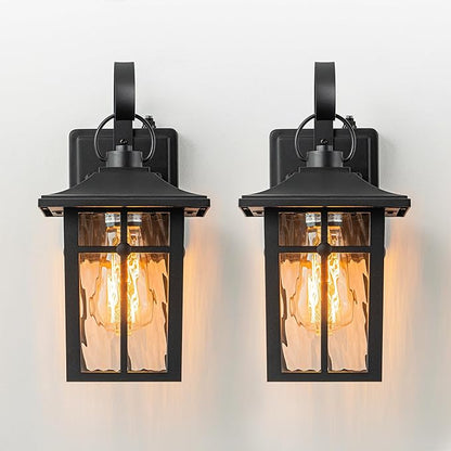 2 Pack Dusk to Dawn Outdoor Wall Lights, Aluminum Exterior Light Fixtures Wall Mount with Ripple Glass, Waterproof Black Porch Lights, Outside Wall Lantern for Entryway, Garage, Patio