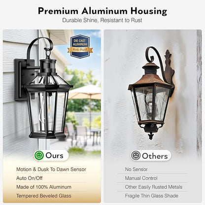 VIANIS Motion Sensor Outdoor Wall Lights, Dusk to Dawn Exterior Light Fixtures Wall Mount, Waterproof Modern Black Outside Front Porch Light, Anti-Rust Aluminum Outdoor Wall Sconce for House Garage