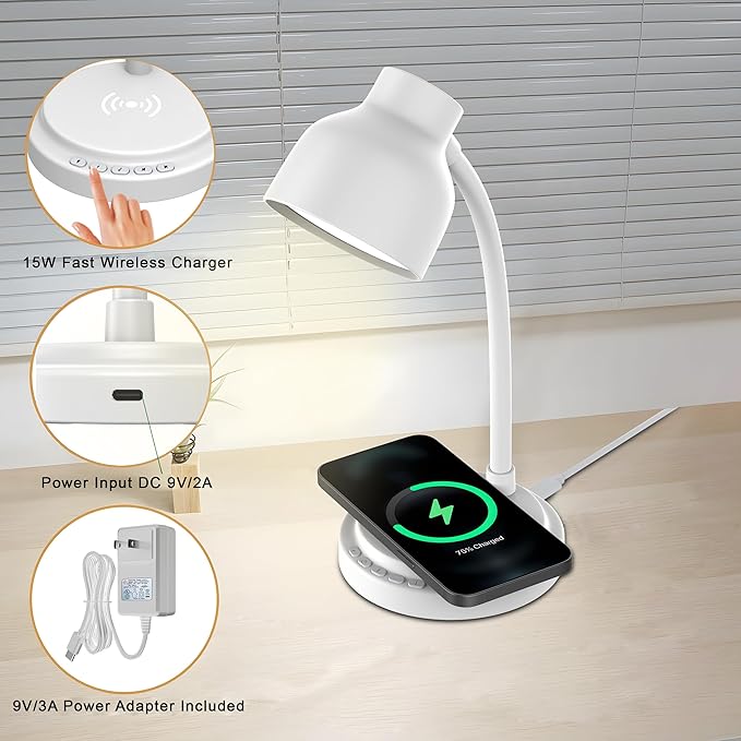 LED Desk Lamp for Office Home,Table lamp with Speaker,Desk Lamp for College Dorm Room,4 Brightness,Dimmable Table Lamp Eye Caring Reading Light(White)