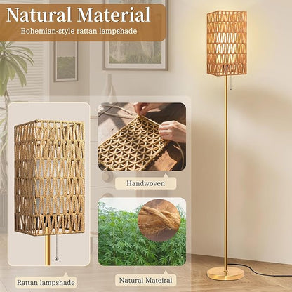 Floor Lamp for Living Room,Farmhouse Floor lamp,Modern Standing lamp with Hand-Worked Rattan Shade (Square Rattan Shade Body Gold Color-3 Color Bulb)