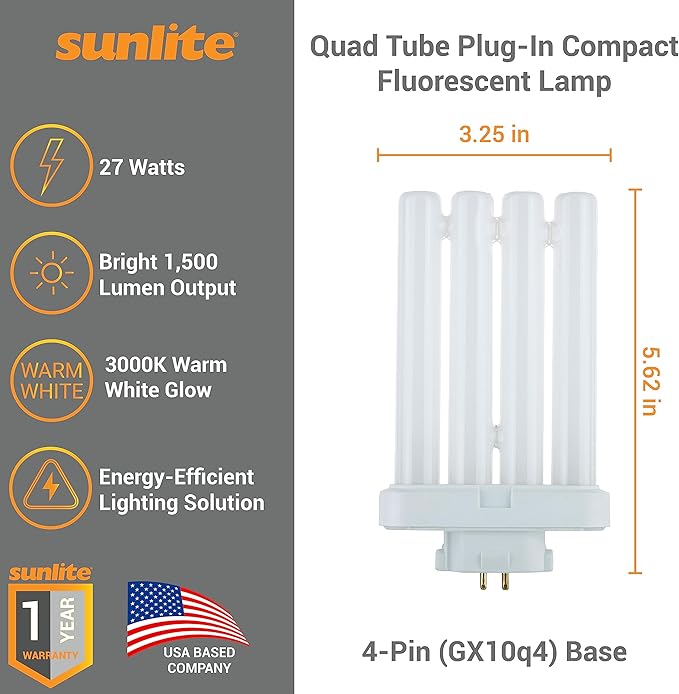 Sunlite 40530 FML27/30K/2PK Quad Tube Plug-in Compact Fluorescent Lamp, FML 4-Pin, 27 Watts, 1500 Lumens, 3000K Warm White, 4-Pin (GX10q4) Base, 120 Volts, 2 Pack